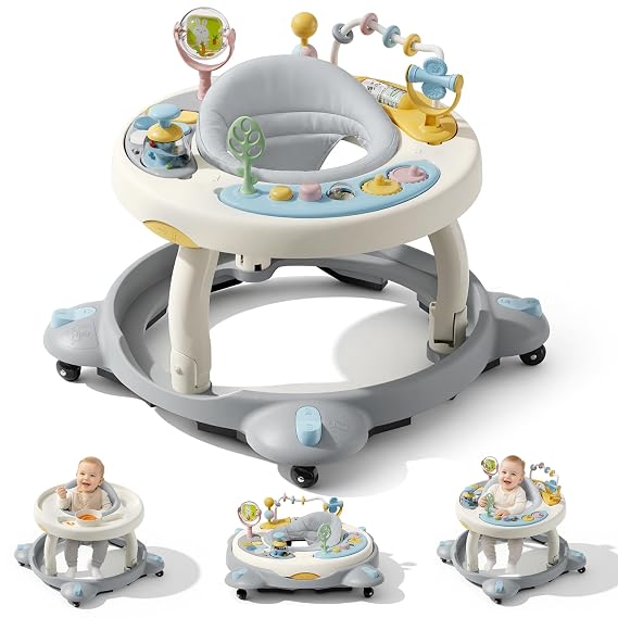 Baby Walker with Wheels, Foldable Baby Walker for Baby 6-12 Months, 3-Position Rotating Seat with Interactive Activity Center, Music Buttons, Baby Walkers for Boys Girls(Grey)
