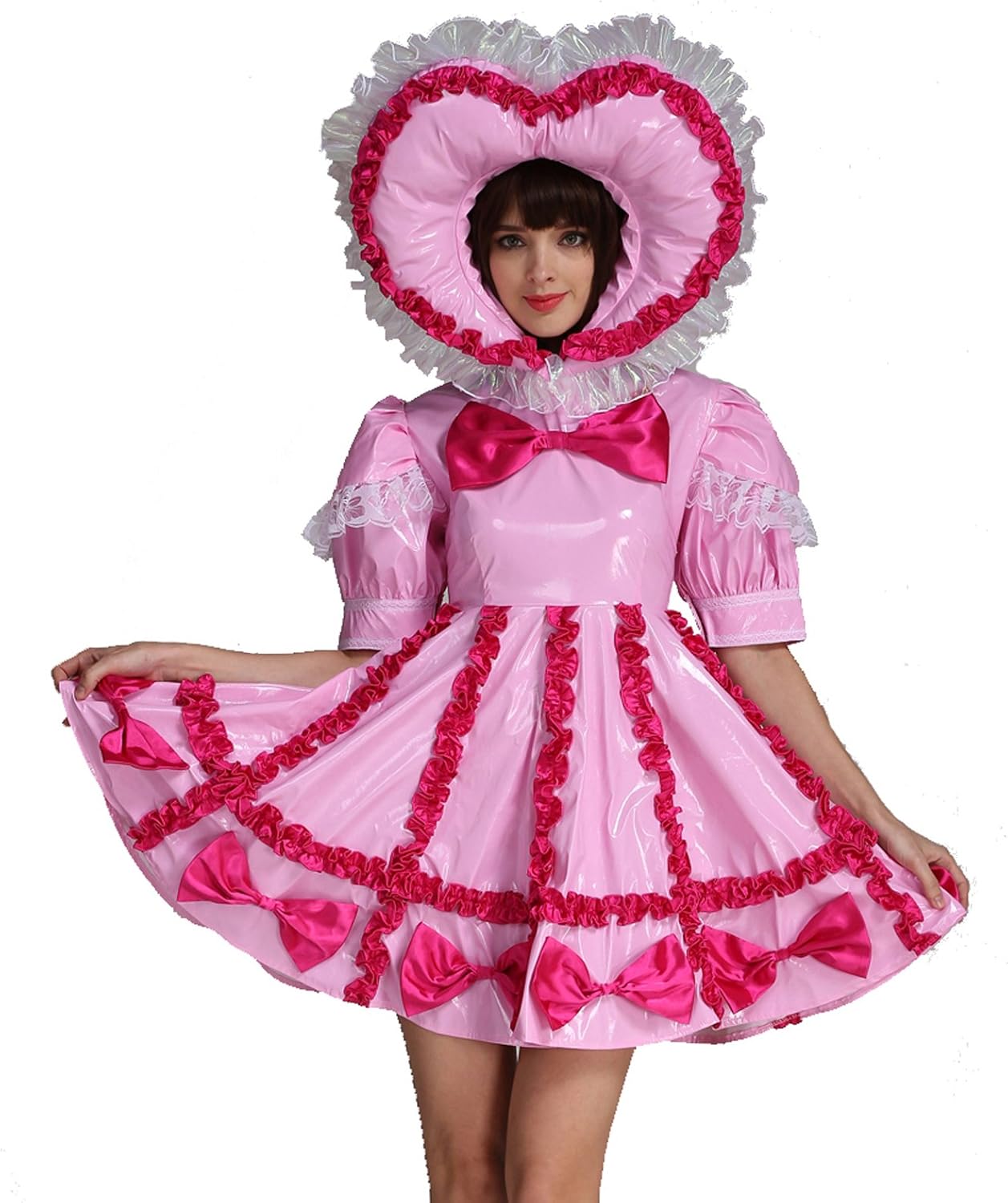 Women Sissy Lockable Maid PVC Pink Dress Uniform Costume Crossdress