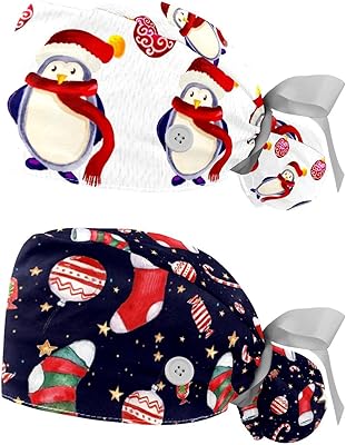 Christmas Snowflake Scrub Hats for Women Long Hair Working Cap with Button & Sweatband 2 Pcs Unisex Tie Back Hats