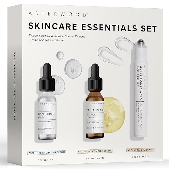 Asterwood Skin Care Set - with Hyaluronic Acid & Triple Repair Serums, Under Eye Serum - Skincare Essentials - Hydrating, Moisturzing, Anti-Aging - Fragrance-Free