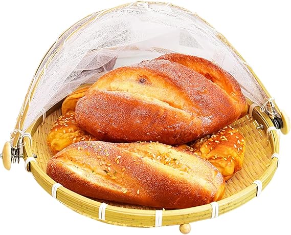 Food Serving Tent Basket 12 inch Covered Round Bamboo Food Storage Container Basket Dustproof Picnic Basket Hand-Woven Dustpan with Mesh Gauze Cover for Vegetable Fruit Bread Picnics Parties