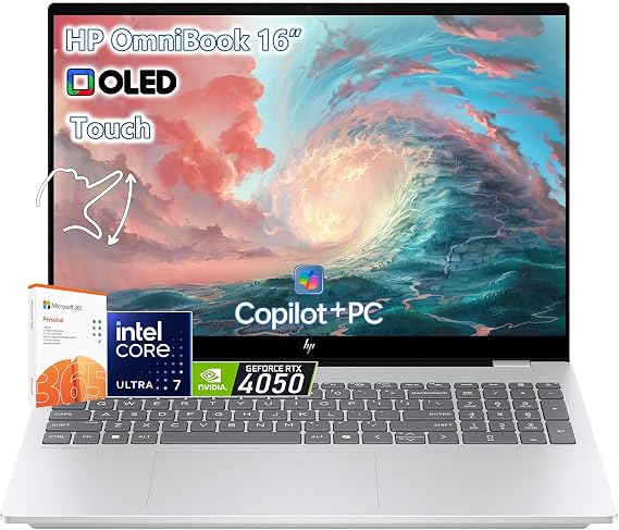 HP OmniBook 7 Touchscreen Laptop -16inch OLED 120Hz -Intel Ultra 7 255H Beat AMD Ryzen 9 8945H -RTX 4050 -Windows 11 Pro Office 365-32GB RAM -2TB SSD -Business College - Computadora Portatil Copilot