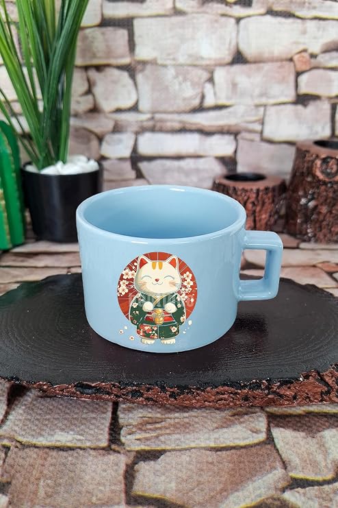 Sevimli Japon Kedi Baskılı Kawaii Anime Manga Figürü Kare Kulplu Fincan Mavi Kupa Bardak, QBNF5295