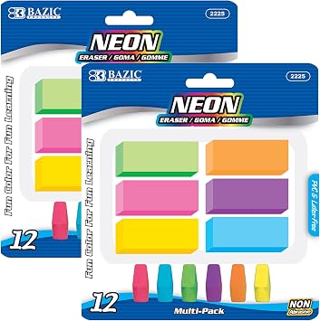 BAZIC Products Erasers + Pencil Top Erasers Set (12/Pack), Block Bevel Erasers Neon Color, Arrowhead Caps Tops, Latex Free, for Art Drawing School, 2-Packs