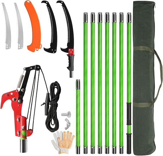 26FT Pole Pruning Saw with Sharp Blade, Scissors, Carry Bag, Green