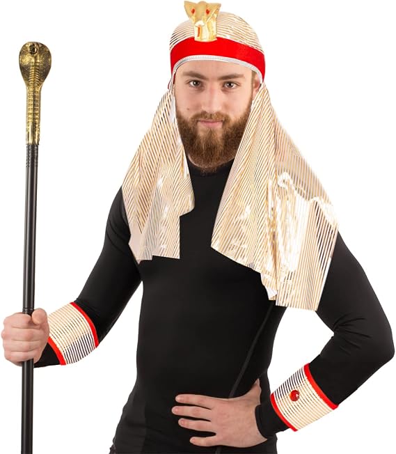 Tigerdoe Egyptian Costume - 3 Pc Set - Pharaoh Hat, Cuffs, Cobra King Cane - Pharaoh Costume