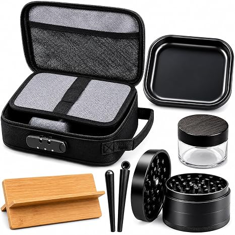 Smoking Accessories Set - Smell Proof Stash Box Bag with combination Lock, Metal Four Piece Grinder, Metal Rolling Tray, Tubes, Stand and Jar, Storage Stash Box Rolling Set with Lock (Black Stash Set)