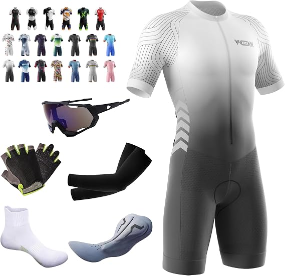 Triathlon Suits Mens - Men's Cycling Skinsuit - Aerodynamic Sleeved Mens Tri Suit - Men Triathlon with Chamois, Pockets