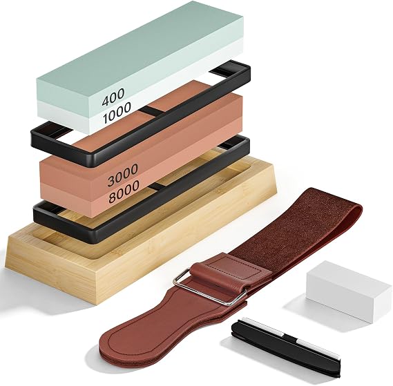 Dayacoco Knife Sharpening Stone Kit, Premium 400 1000 3000 8000 Whetstone Knife Sharpener with Non-Slip Wood Base, Angle Guide, Flattening Stone, Leather Strop, for Sharpening Knives (8 Pcs)