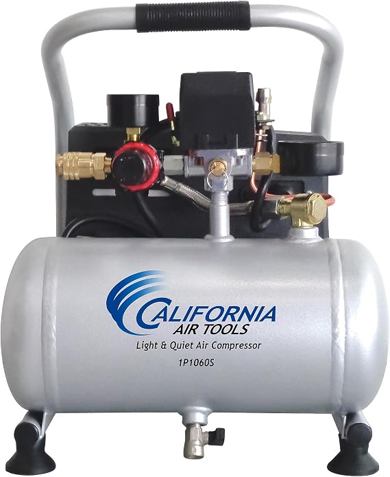 California Air Tools CAT-1P1060S Light & Quiet Portable Air Compressor, Lightweight, Ultra Quiet, Oil-Free, 1 Gallon Steel Tank, .6 HP, 56 dBA Noise Level, Silver | Light & Quiet, Lightweight, Ultra Quiet, Oil-Free, 1 Gallon Steel Tank, .6 HP, 56 dBA Noise Level