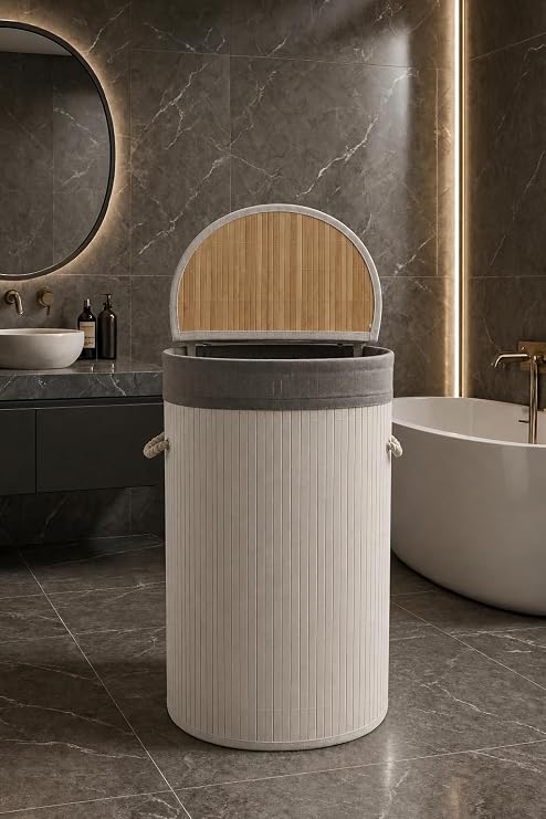 Lüks Bambu Kapaklı Kirli Çamaşır ve Oyuncak Sepeti Beyaz Renk 40x30x60 cm 72 Litre (Beyaz, 60x40x30, Oval)