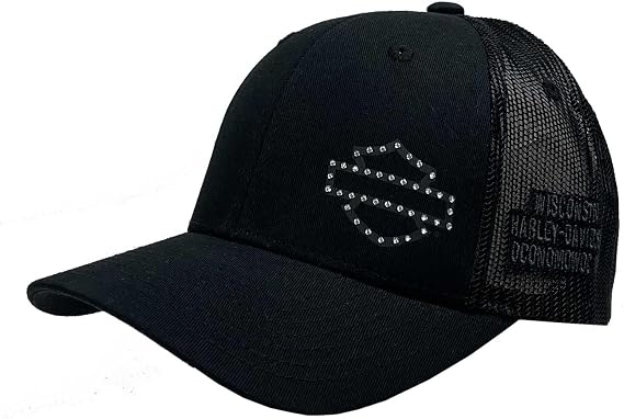 Harley-Davidson Women's Rhinestone Ponytail Curved Bill Mesh Trucker Hat Black