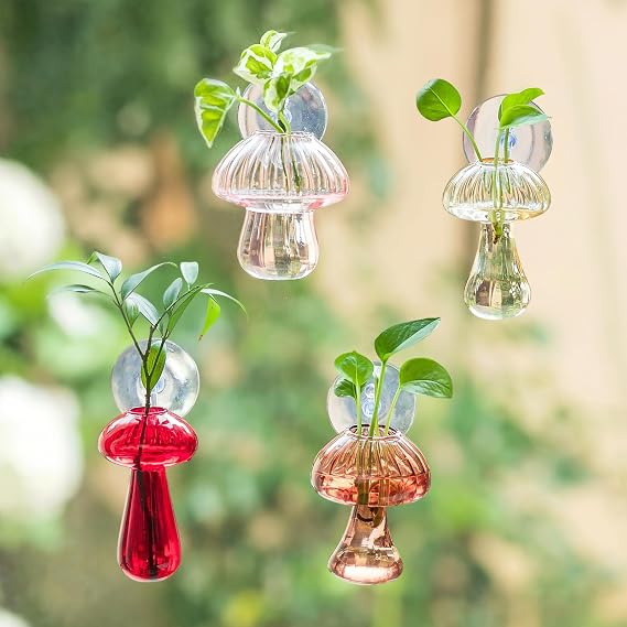 Glasseam Window Plant Propagation Station: 4Pcs Glass Hanging Mushroom Vase