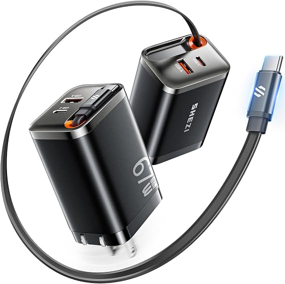 67W USB C Charger Block with USBC Cable Retractable, for iPhone 17 Charger GaN Fast Charging Wall USB Block with Foldable Plug, Multi-Port Travel Chargers for iPhone, iPad, MacBook, Laptop, Samsung