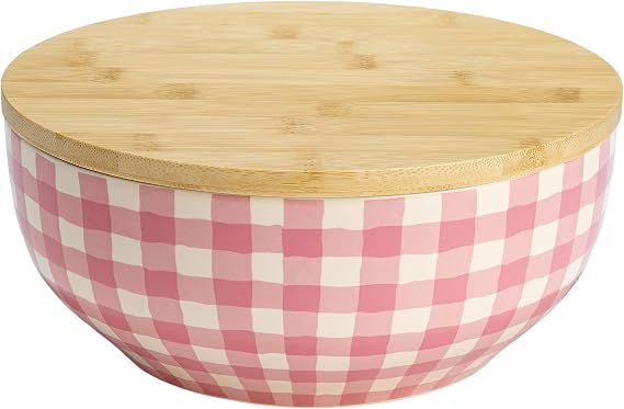 Paris Hilton Serving Bowl with Bamboo Lid, Stoneware Salad Bowl with Pink Gingham Print Exterior, Lid Doubles as Cutting Board, 10-Cup, Pink
