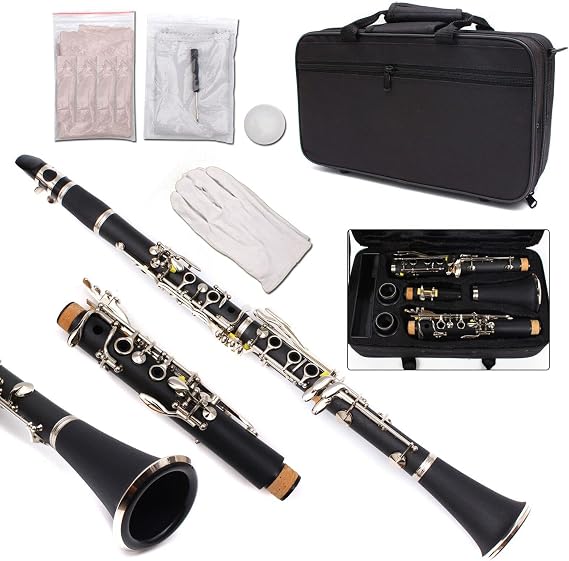 Professional Clarinet Nickel Plated Bb Key 17 key Two Barrels with High-Grade Case & Mouthpiece & Reeds & Cap Cork & Grease & Gloves & Strap & Screwdriver & Clarinet Cleaning Kit