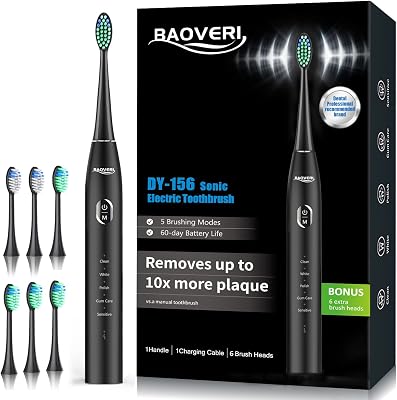 BAOVERI Electric Toothbrush for Adults & Kids,Rechargeable Ultrasonic Electric Toothbrush with 6 Dupont Brush Heads, IPX7 Waterproof, 5 Modes, 2 Minutes Smart Timer, 4 Hours Fast Charge for 60 Days