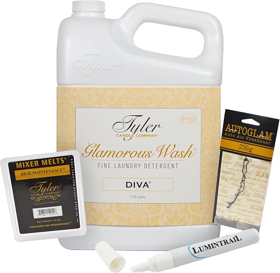 Tyler Candle Glamorous Wash Laundry Detergent, Diva Bundle with Tyler Candle Mixer Melts, Autoglam Freshener, and Degreaser Pen (1 Gallon)