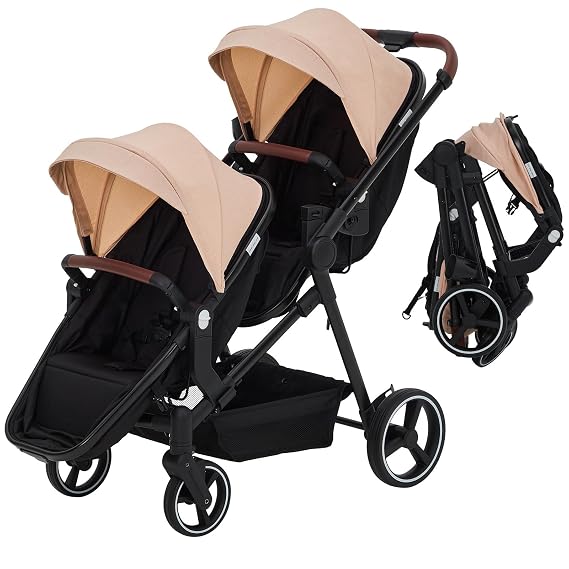 Tandem Double Stroller Newborn and Toddler, Foldable Twin Stroller with Reversible Seat, 5-Point Safety Harness, Adjustable Backrest & Canopy, Storage Basket