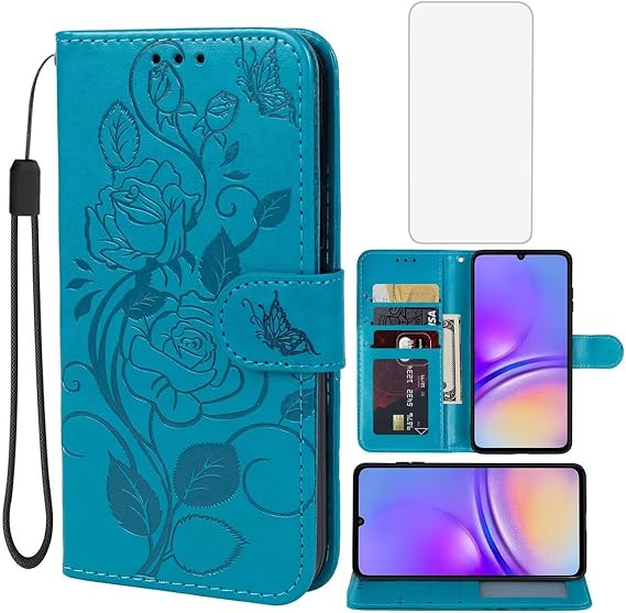 Case for Galaxy A05 Case, Samsung A05 SM-A055F Wallet Case with Tempered Glass Screen Protector, Flower Leather Flip Credit Card Holder Stand Phone Cover Cases for Samsung Galaxy A05 Blue
