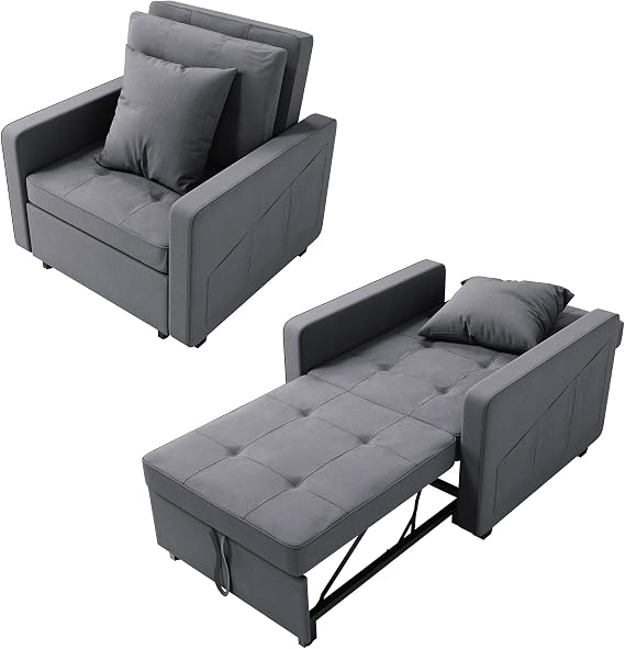 3-in-1 Pull Out Single Sofa Bed with Pillow, Grey