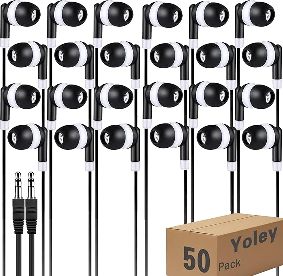 Bulk Earbud Headphones 50 Pack for School Classroom Kids, Wholeslae Wired Durable Earphones Class Set for Students Children Toddler Teens Boys Girls and Adult (Black, 50pcs)