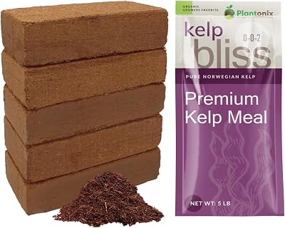 Coco Coir 650gm Bricks 5-Pack  Kelp Bliss 5lbs - Coco Coir Bricks & Kelp Meal Organic Fertilizer - Kelp Fertilizer for Plants - Organic Coconut Coir for Plants - Garden Soil & Potting Soil Mix