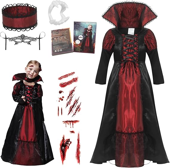 Girls Halloween Costume Royal Vampire Dress Up Child Vampiress Role Play Cosplay Outfits