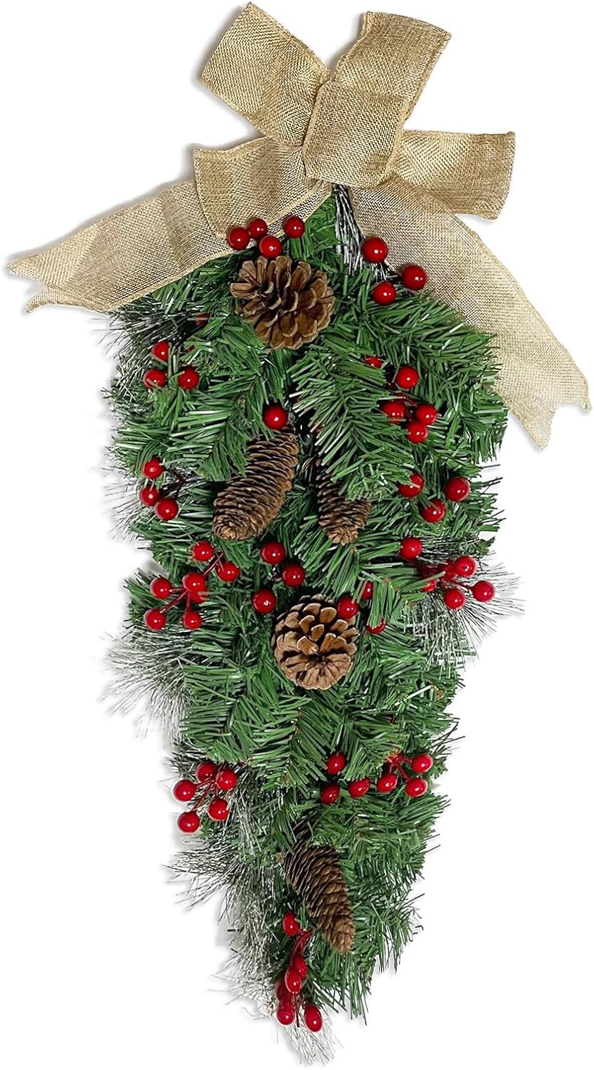 Teardrop Christmas Swag Garland Wreath - 28 inch Artificial Snow Greenery Swag with Pines Red Berries for Door, Windows, Wall, Stair Hanging Indoor Outdoor Christmas Décor