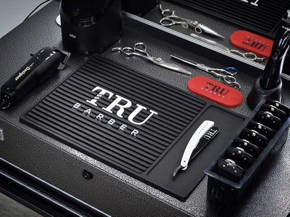 TRU BARBER ORGANIZER MAT 14X 9 (BLACK/WHITE) Flexible PVC Station Mat, Salon and Barbershop work Station pads, Beauty salon tools hairstylist, Counter mat for clippers, Anti slip