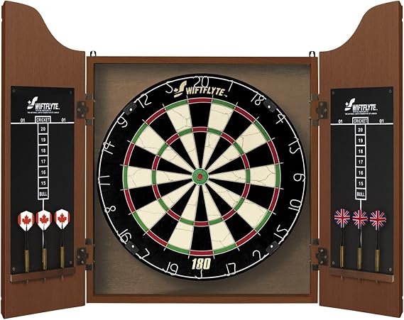 Classic Cabinet and Bristle Dartboard Set with Staple-Free Bullseye, Rotating Number Ring, Tightly Packed Sisal Board, High Tensile Round-Wire, Includes 2 Sets of Brass Steel Tip Darts