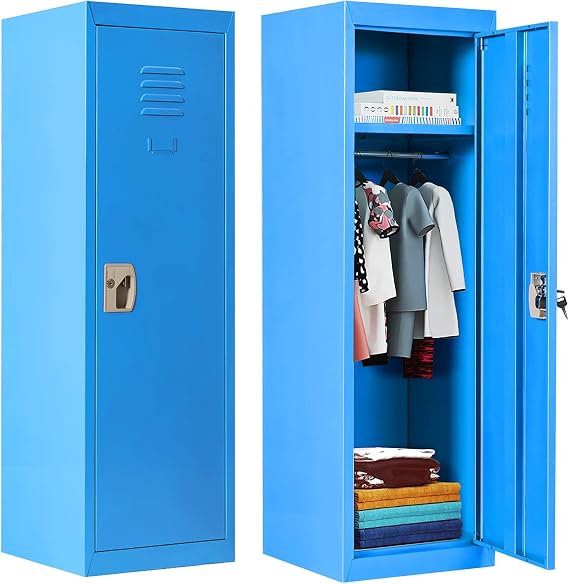 Costzon 48" Kids Locker Cabinet, Daycare Metal Coat Locker w/Hanging Rod & Shelf for Kids Room Bedroom School Classroom, 2-Tier Storage Locker w/ 2 Keys for Toys, Clothes, Sports Gear, Blue