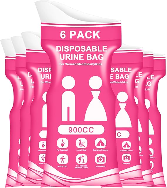 6-Pack 900CC Pink Disposable Urine Bags for Camping Essentials | Portable Travel Potty with Leak-proof and Odor Control Features