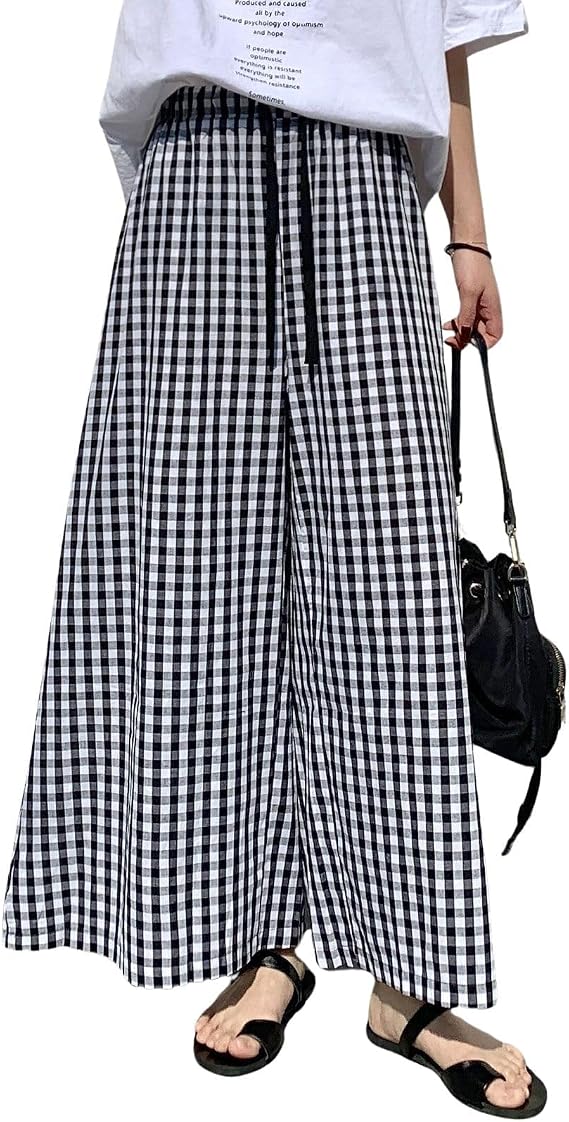 Hotmiss Women's Plaid Wide Leg Culotte Pants Gingham Lounge Elastic Waisted Cropped Palazzo Pants with Pockets
