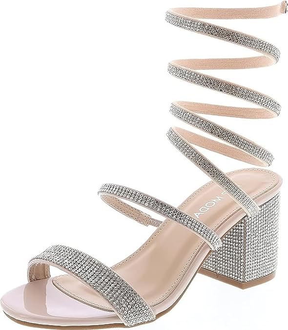 TOP Moda Women's Rhinestone Strappy Spiral Ankle Strap Low Chunky Block Heel Sandals