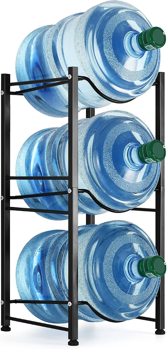 smusei 5 Gallon Water Bottle Holder 3 Tier Water Cooler Jug Rack Shelf Organizer Detachable Heavy Duty Kitchen Water Bottle Storage Rack for Home, Office, Black