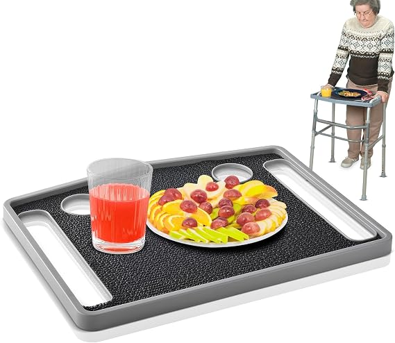 Universal Walker Tray with Non-Slip Mat, Lightweight Walker Accessory Tray for Meals, Drinks, and Daily Use, Includes Dual Cup Holders, Fits Most Standard Walkers, Gray