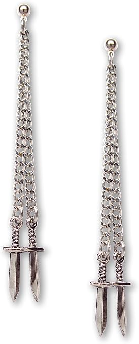 Gothic Hanging Daggers on Chains Dangle Earrings Silver Finish Pewter