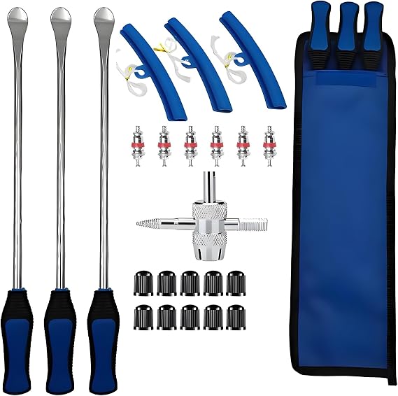 PINKJOY 11.5" Tire Spoon Kit, 24pcs Tire Changing Tool for Motorcycle Dirt Bike Lawn Tractor Bicycle, Motorcycle Tire Changer Tire Removal Tool with 3pcs Rim Covers 6pcs Valve Tool Valve Cores