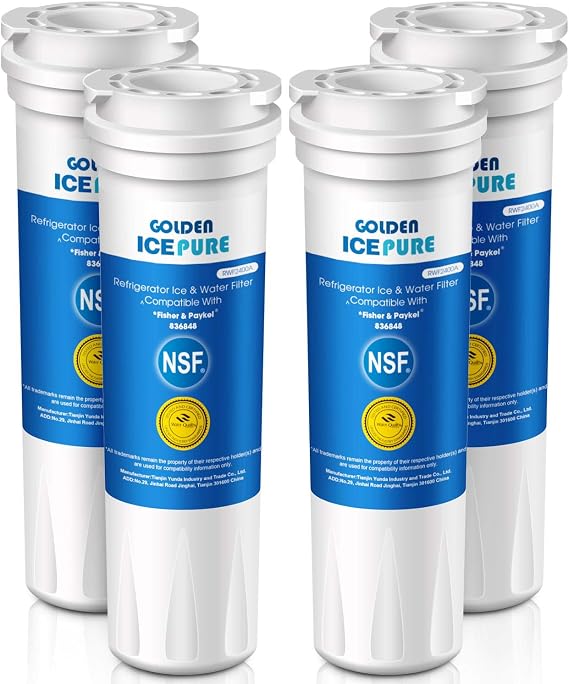 Golden ICEPURE 836848 Replacement for Fisher & Paykel 836860, E522B, PS2067635, RF90A180DU, EFF-6017A, E402B, E442B, SUPCO, WF296, RWF2400A NSF Certified Refrigerator Water Filter 4Pack
