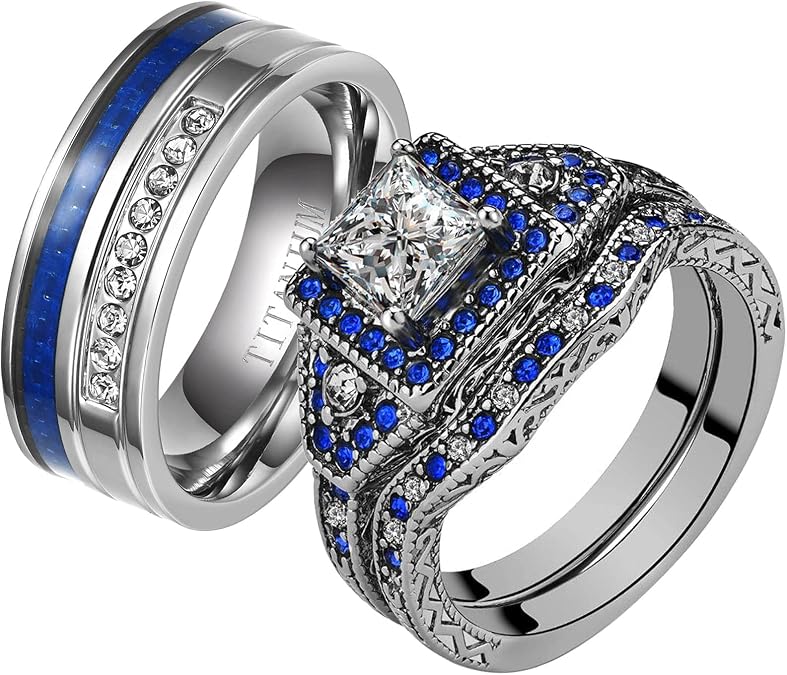 2 His and Hers Ring Couple Rings White Gold Plated Princess cut Cz Womens Wedding Ring Sets Blue Titanium Steel Mens Wedding Bands