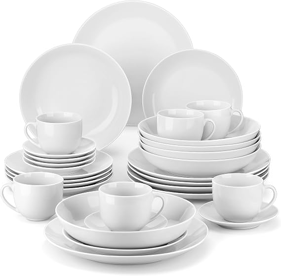 MALACASA 30-Piece Porcelain Dinnerware Set, White Round Dish Set for 6