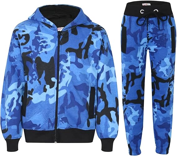 Kids Tracksuit Boys Girls Blue Camouflage Jogging Suit Top Bottom 5-13 Years