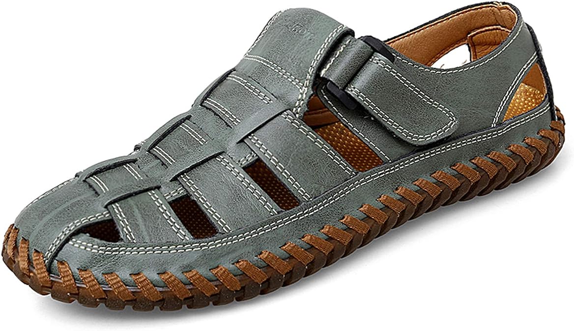 Moodeng Mens Sports Sandals Leather Closed Toe Outdoor Shoes Beach Summer Sandals for Hiking Trekking Breathable