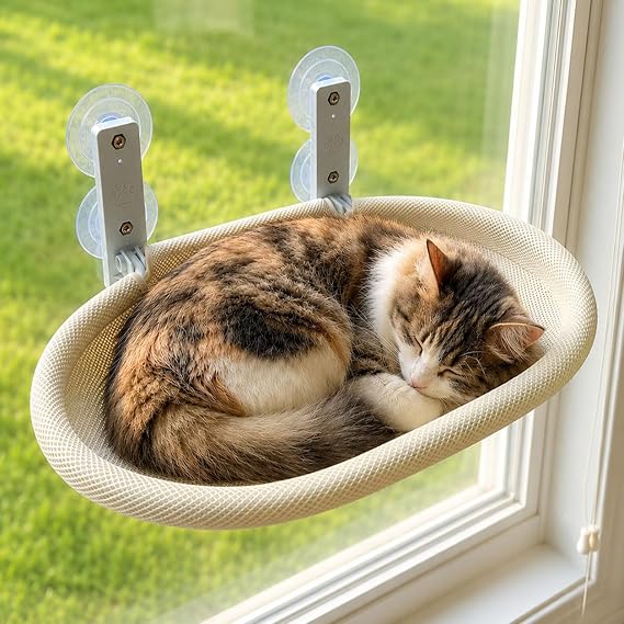 Cat Window Perch for Narrow Windows, Cordless Foldable Hammock Bed with Suction Cups, Breathable Mesh Shelf for Indoor Cats, Space-Saving Hammock Lounger for Sunbathing and Bird Watching, Beige