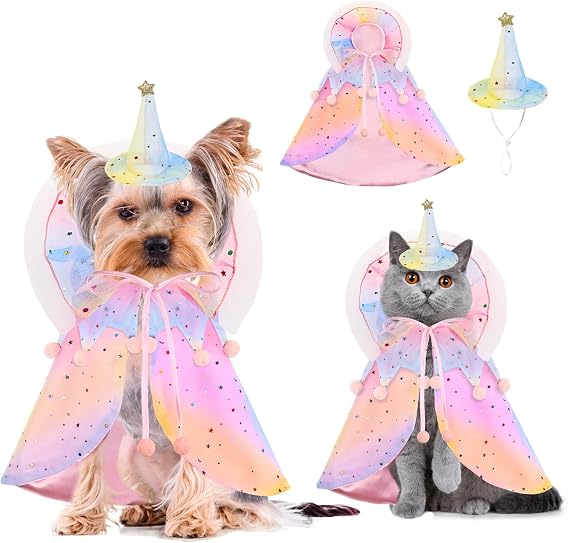 Dog Pink Rainbow Cape Costume Puppy Clothes, Funny Pet Cosplay Party Halloween Birthday Outfit, Adjustable for Small Medium Large Dogs,SM