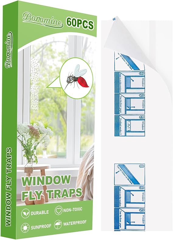 60 Pack Window Fly Traps, Window Sticky Traps, Sticky Non-Toxic Clear Fly Paper Indoor for Home
