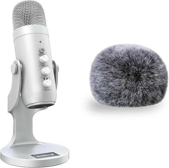 ZealSound USB Microphone k66s Silver and Furry Windscreen d65k