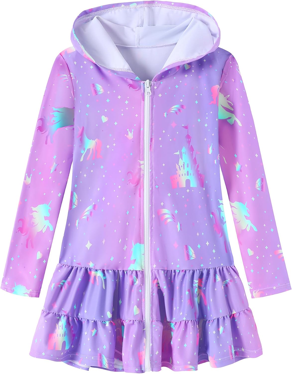 Girls Swim Cover Up Dress Long Sleeve Hooded Zip Up Bathing Suit Cute Ruffle Coverup Kids Pool Beach Robe 4-10Y