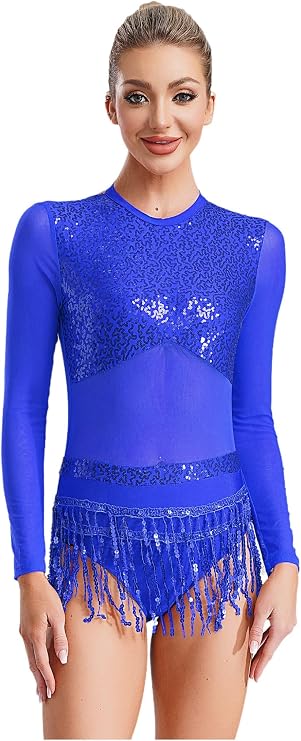 JanJean Women's Sequins Long Sleeve Mesh Tassel Latin Jazz Tango Salsa Dance Leotard Dress Ballroom Dancewear